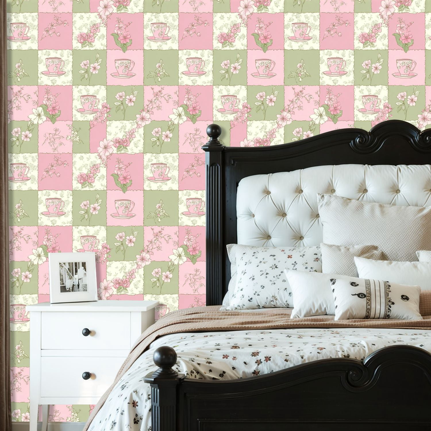 Sage Green Peel and Stick Wallpaper Pink Green Floral Tea Cups Botanical Design Wall Mural 23.6in x 9.8ft Self Adhesive Removable Wall Paper Renter Friendly Wallpaper for Girls Bedroom Livingroom