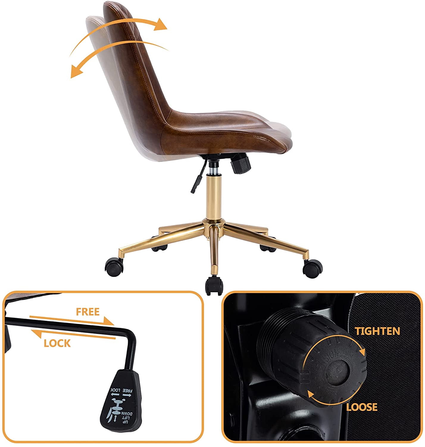 Duhome Office Desk Chair Faux Leather Swivel Computer Chair Adjustable Task Chair with Gold Legs, Yellowish Brown