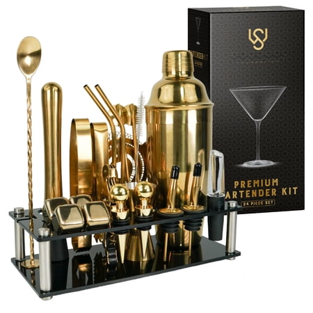 Mixology Bartender Kit - 24 Piece Cocktail Shaker Set W/stand Home Bar Accessories Martini Jigger Muddler Chilling Cubes & More