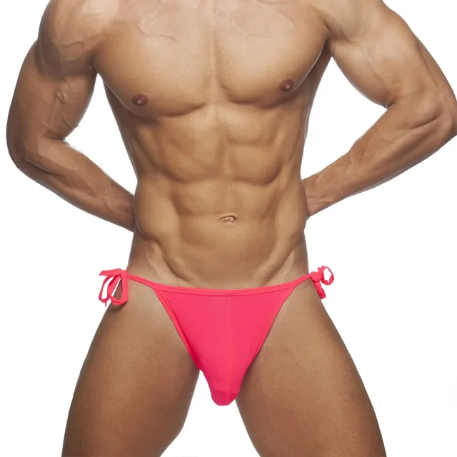 Sexy Mini Bikini Men Low Rise Thong Swimwear Solid String Swimsuit Underwear Side Tie Swim Brief Man Surf Bathing Suit Beachwear Rose Red L