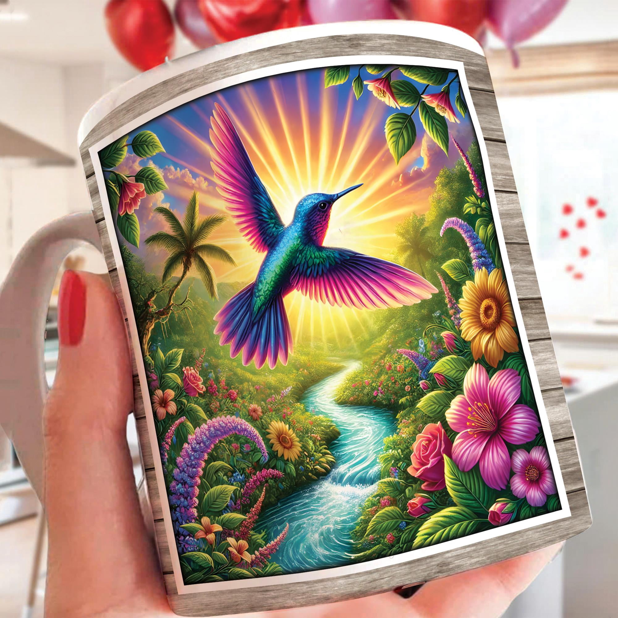 Lotusprinthandmade Colorful Hummingbird and Floral White Ceramic Mug (15oz) (Made In US), vibrant bird and floral coffee cup
