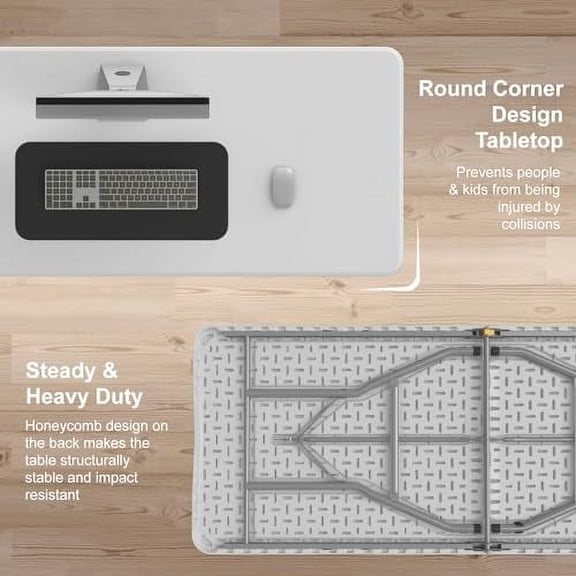 6FT Folding Table, Portable Plastic Folding Table, Foldable Dining Tables with Carrying Handle for Party, Picnic, Camping, Easy to Fold and Storage, for Indoor or Outdoor Use