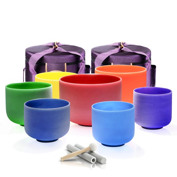 TOPFUND 432Hz Chakra Set of 7 Color Crystal Singing Bowls 6-10 inch with Heavy duty carrying cases and Suede Sticks