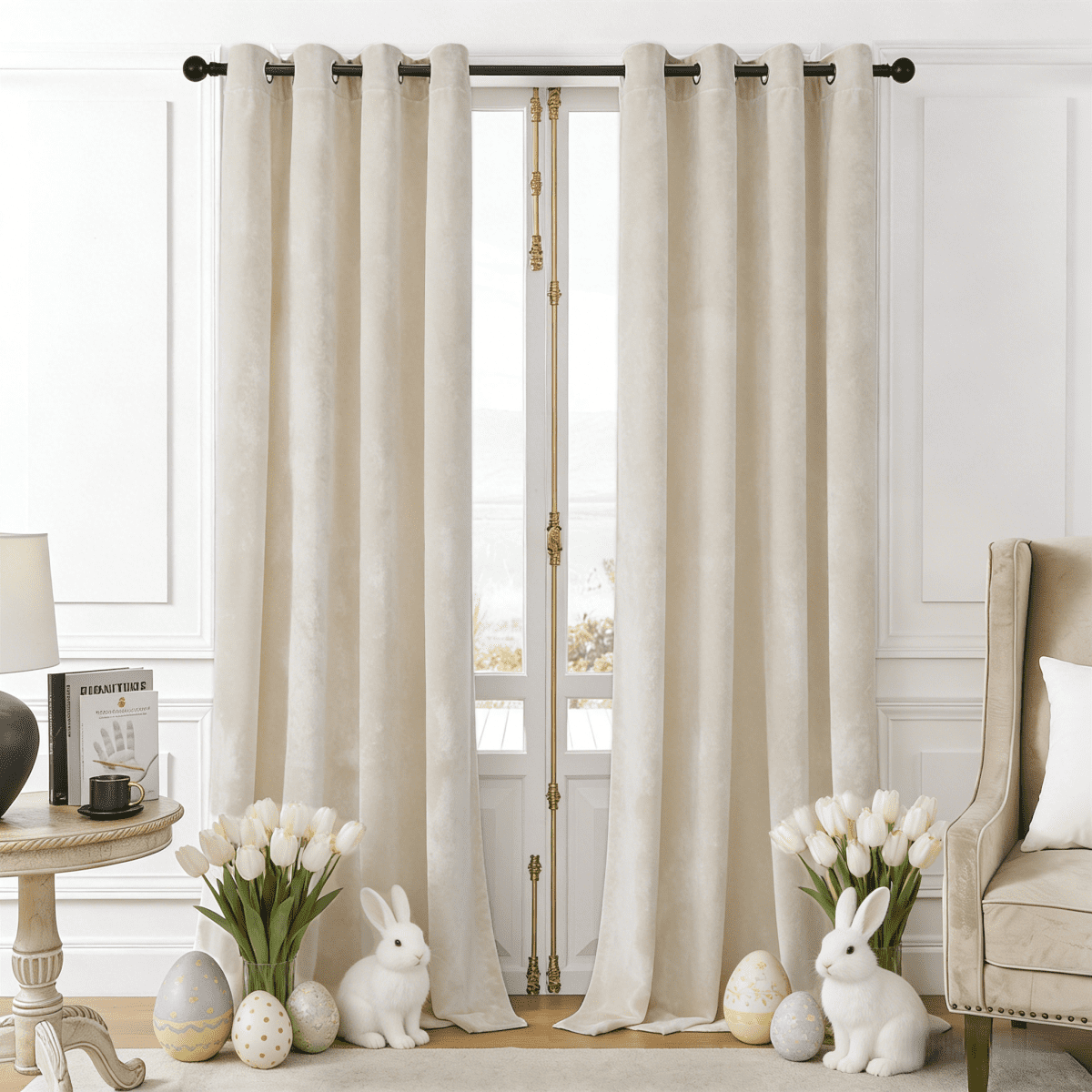 Easter Crushed Velvet Curtains, 2 Panels Set, Light Filtering Grommet Window Drapes, 8 Metal Rings, 52X84/96/108 Inch, Pet-Friendly Eco-Friendly Easter Home Decor