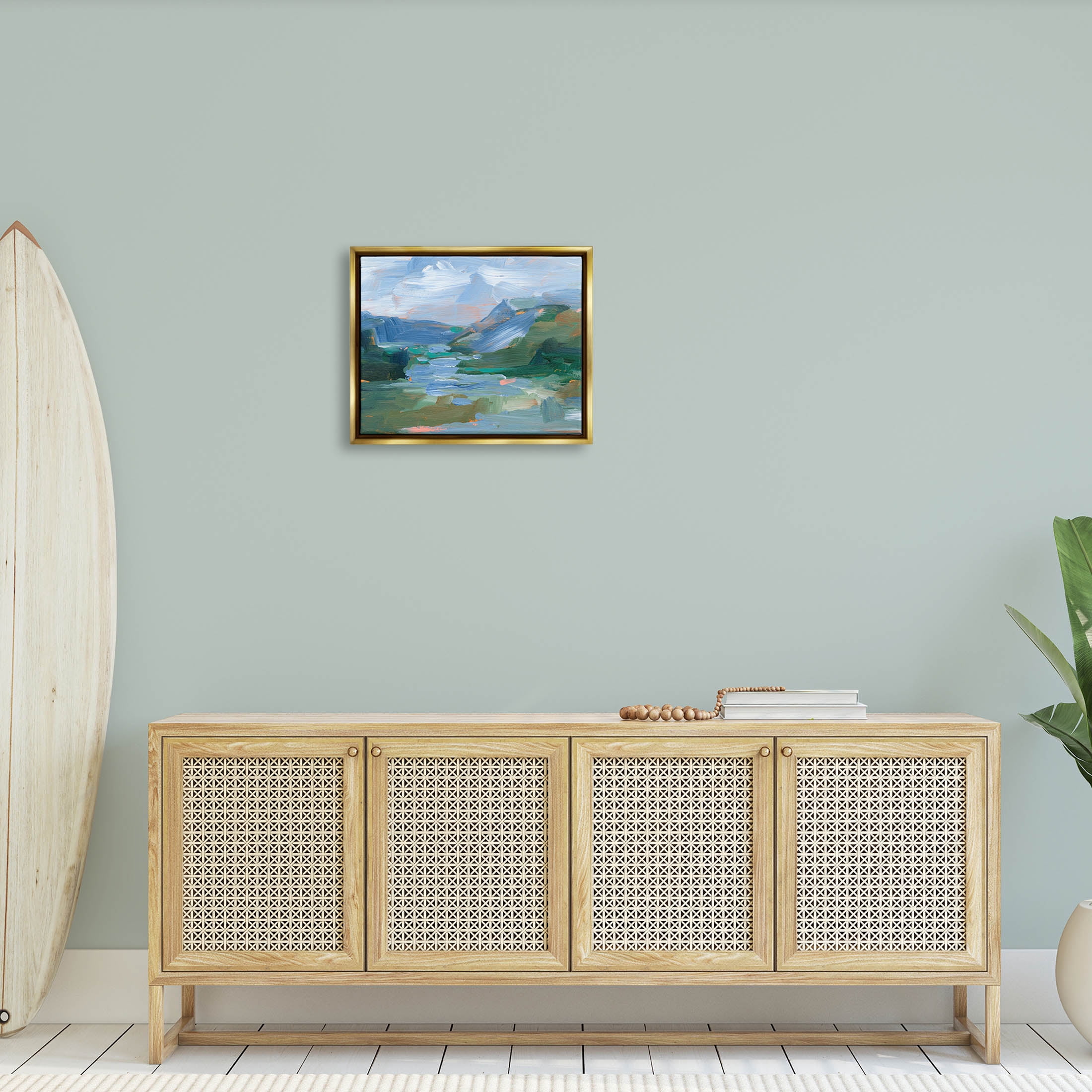 River Through Mountains Abstract Scene Landscape Painting Metallic Gold Framed Art Print Wall Art