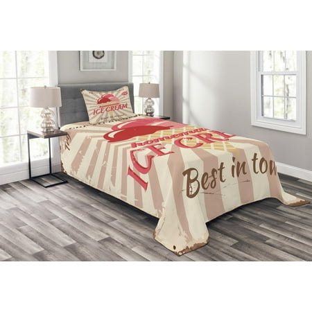 Ice Cream Bedspread Set, Vintage Style Sign with Homemade Ice Cream Best in Town Quote Print, Decorative Quilted Coverlet Set with Pillow Shams Included, Red Coral Cream Tan, by (Best Ice Cream Twin Cities)