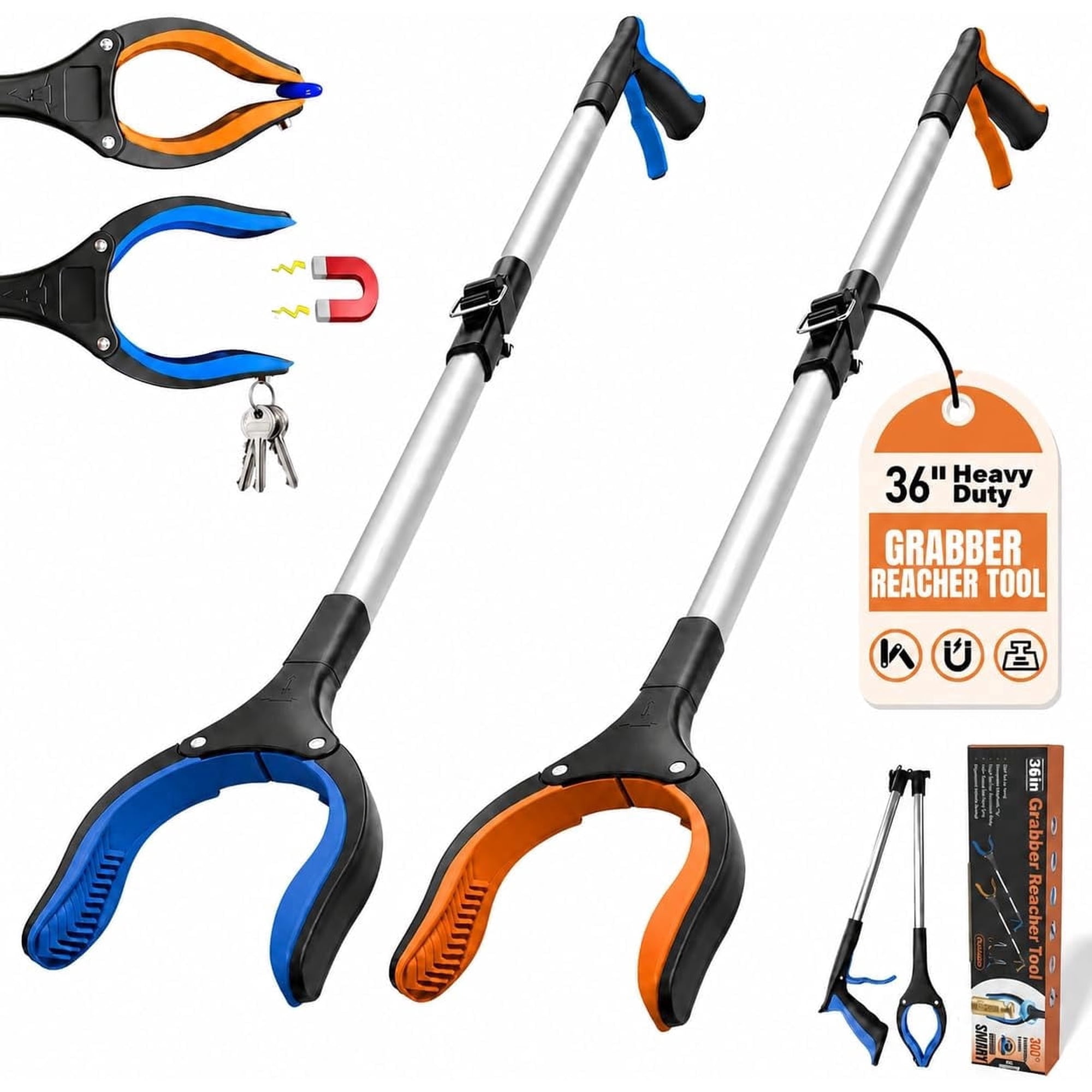 2 Pack 36" Grabber Reacher Tool, Foldable Reacher Grabbers Pickup Tool for Senior, Health, Post-Surgery, Wide Claw| Magnet| 360° Rotating Head