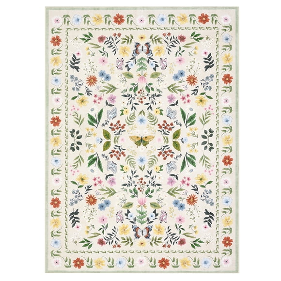Area Rug 8x10ft (244x305cm), Washable-Vintage Floral Carpet-Non Slip Low Pile Floor Rug-Soft Surface for Living Room Bedroom Office-Boho Farmhouse Style Collapsible Easy Care-Beige