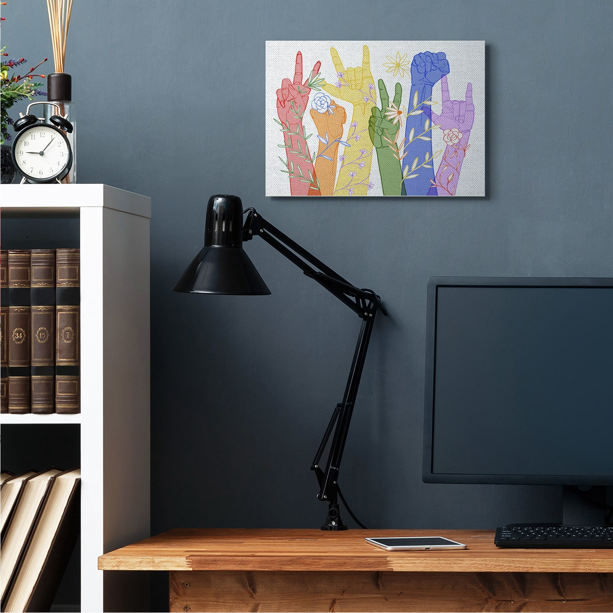 Stupell Industries Rainbow Peace Love Caring Hand Signs ASL Canvas Wall Art by Grace Popp