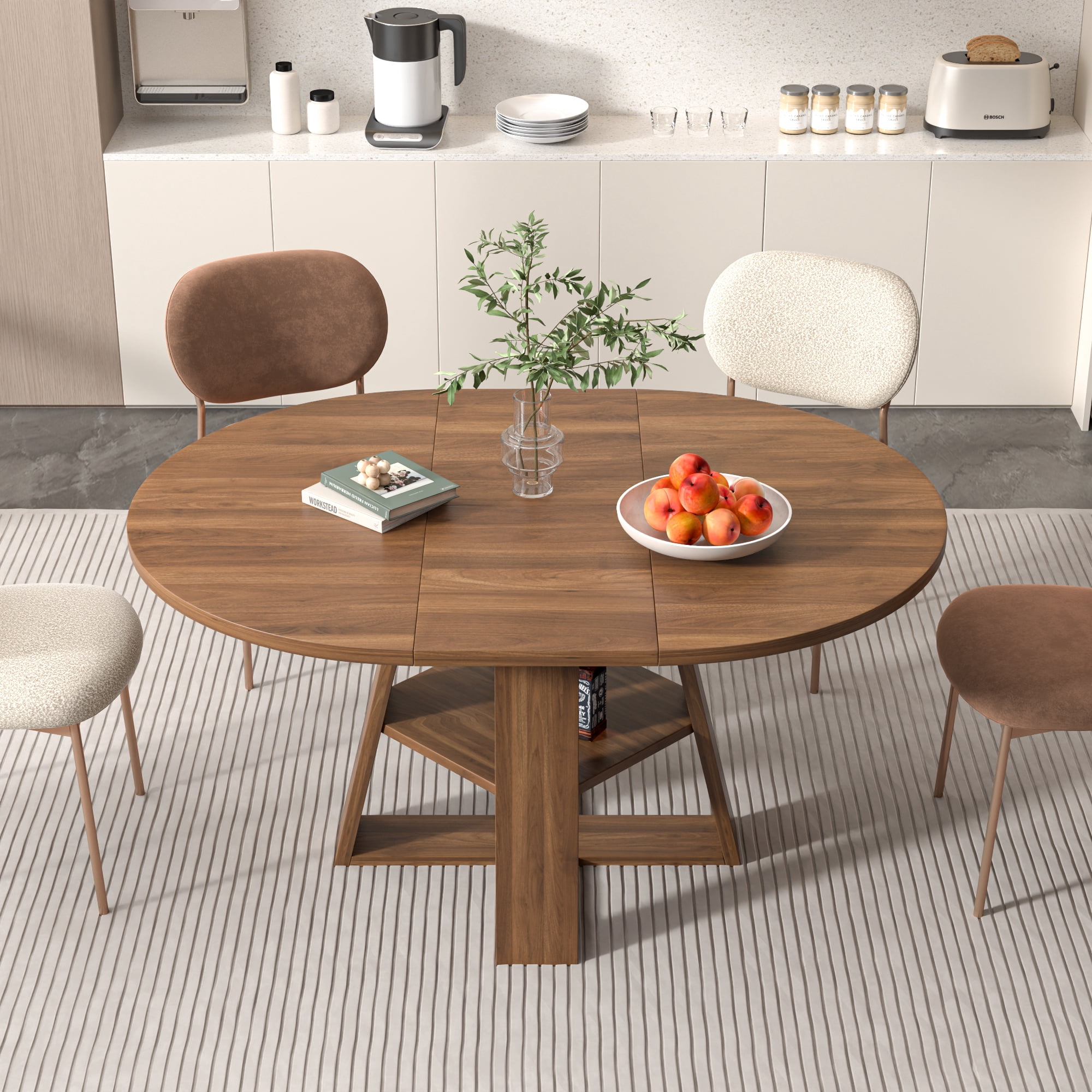 Round Dining Table Modern Extendable Dining Table with Removable Leaves for Kitchen