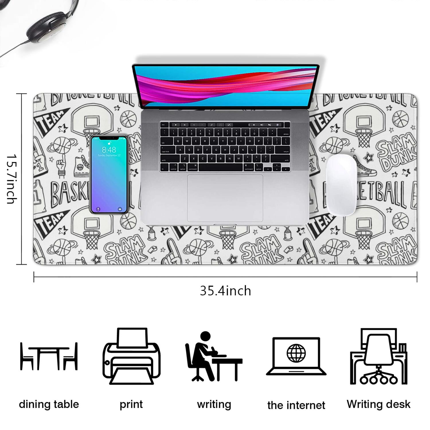 Long Mouse Pads for Desk,Basketball Doodle Pattern Desk Mats on Top Of Desks, Desk Mouse Pad Extra Large with 3mm Non-Slip Base and Stitched Edge for Gaming,Office,Work,Home 35.4"x15.7"