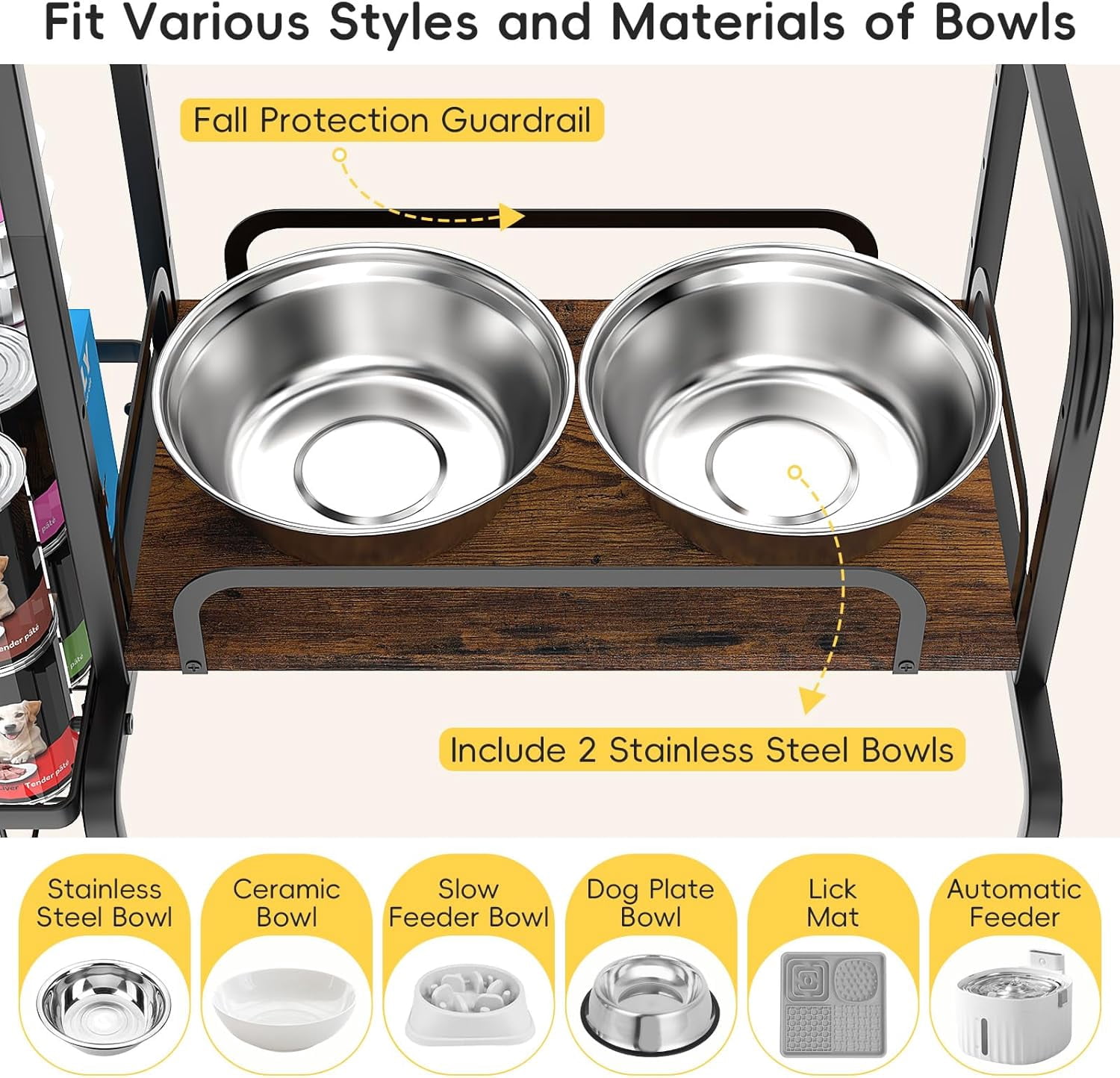 Elevated Dog Bowl Stand with Storage Organizer, Adjustable Raised Pet Feeding Station for Large Medium Small Breed
