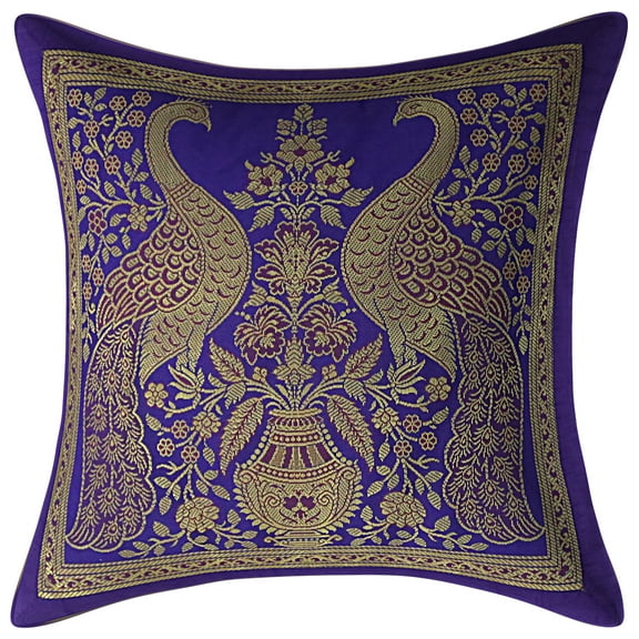 Stylo Culture Indian Zippered Sofa Brocade Royal Blue And Gold Decorative Throw Pillow Covers 12x12 Jacquard Weave Banarasi Couch Pillow Cases Peacock Floral 30x30 cm Cushion Covers (1 Pc)