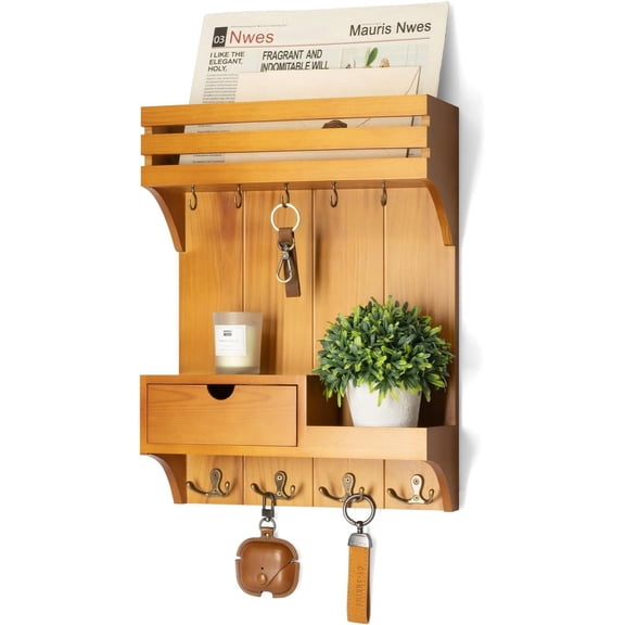 Rebee Vision Farmhouse Key Holder Wall Mount for Home Decor - Stylish Mail Organizer with 9 Key Hooks and Mini Drawer Organizer (Light Brown, 12inch)