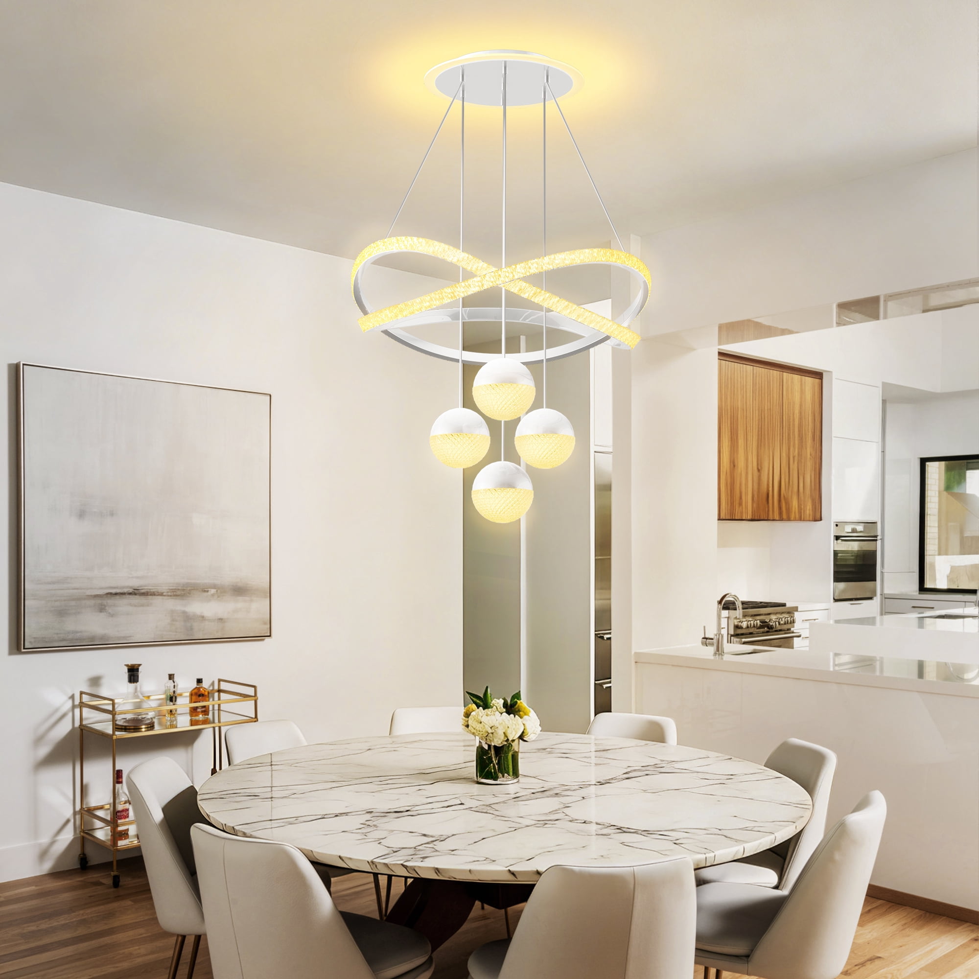 bokifol Modern LED Chandeliers,Dimmable 3-Color Kitchen Island Pendant Light for Dining Room,Bedroom,Living Room,Contemporary Hanging Ceiling Light,Linear Island Lamp,White