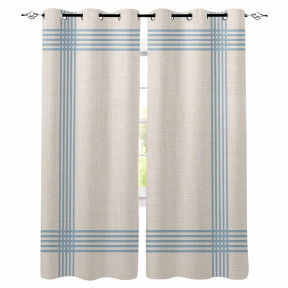Blue Striped Blackout Curtains 84 Inches Long for Bedroom, Farmhouse Beige Geometric Minimalist Thermal Insulated Room Darkening Black Out Window Curtain Panels Grommet Drapes for Living Room