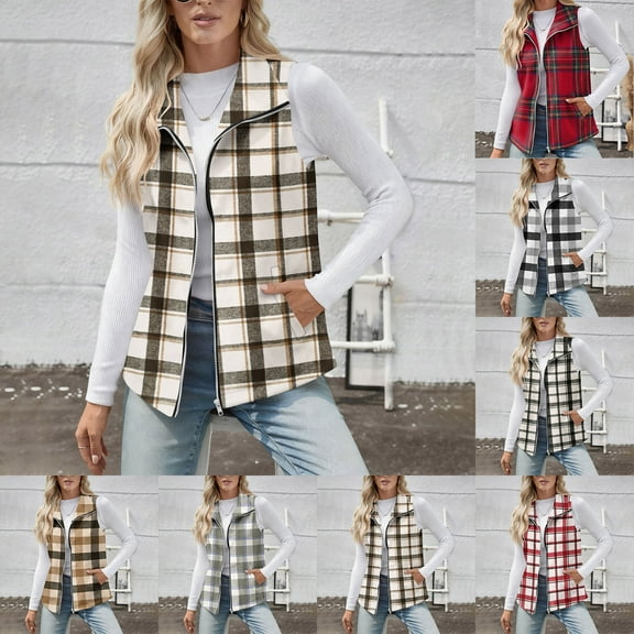 HOMBOM Womens Brown Fleece Vest with Pockets Sleeveless Jacket Lightweight Outwear Zip Up Checkered Outdoor Coat for Women