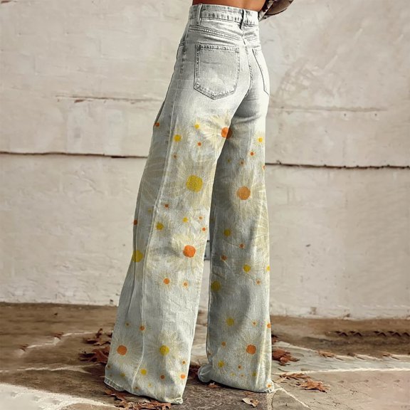 Women's Casual Pants Wide Leg Pants Women'S High Waisted Flower Patterned Pants Lightweight And Loose Casual Colorful Pants Heavyweight Pants,Beige Women's Casual Pants XXXXXL