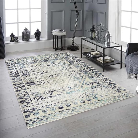 Mr. MJs Trading 5 x 7 ft. Medallion Blue & Cream Distressed Pattern Washable Rectangle Area Rug - Blue & Cream - 5' x 7'
