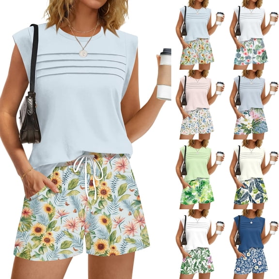 2 Piece Short Sets for Women Summer Vacation Outfits Cap Sleeve Tops and Floral Shorts Set Hawaiian Beach Clothes Green XL