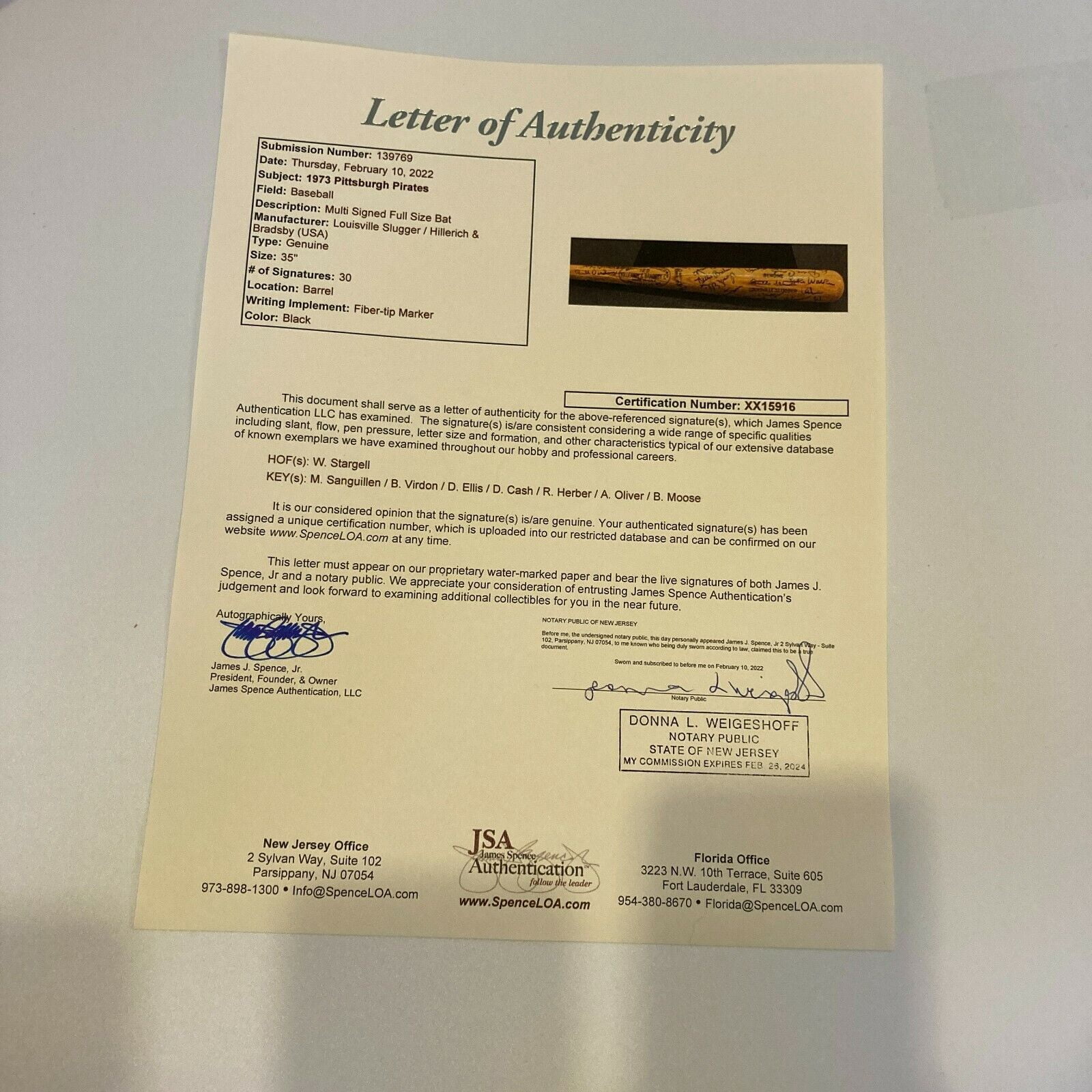 1973 Pittsburgh Pirates Team Signed Game Issued Baseball Bat With JSA COA