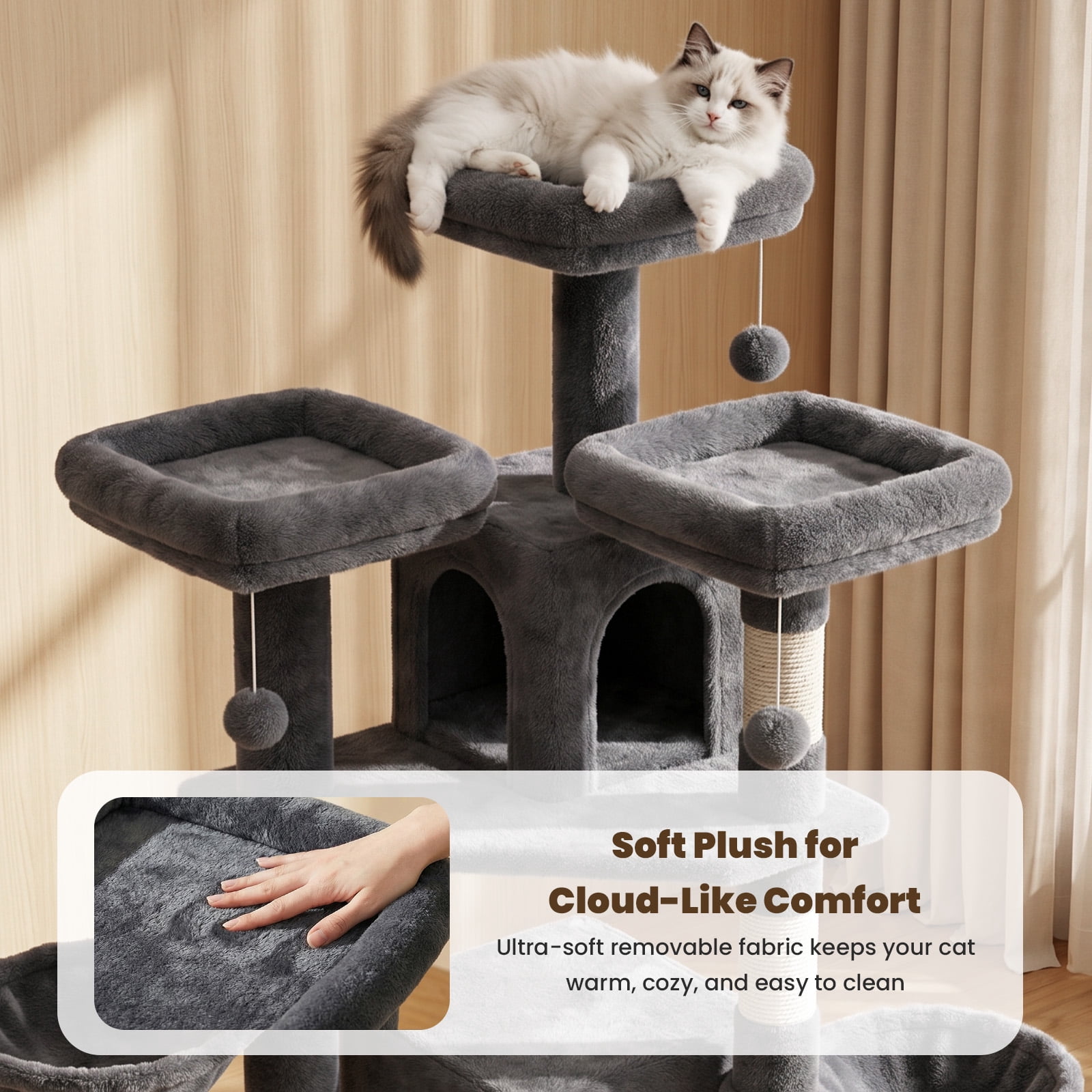 80" Cat Tree Tower, Big Cat Tower for Multiple Adult Cats, Multi-Level Tall Cat Tree with 3 Platforms, 2 Condos, 2 Hanging Basket, Hammock and Scratching Frame for Indoor Kitties, Dark Grey
