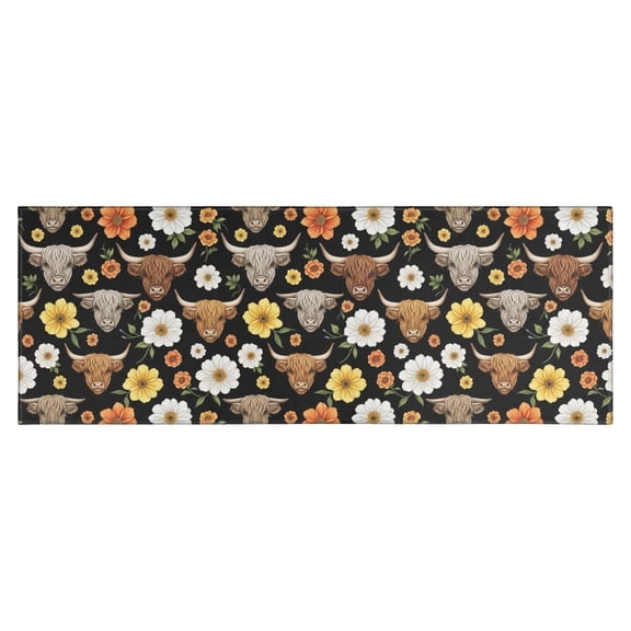 Black Highland Cow Flower Pattern Kitchen Rug Mat,Kitchen Runner Rugs Non Skid Washable,Decorative Kitchen Floor Mats for Kitchen,Sink,Laundry,17"X47"