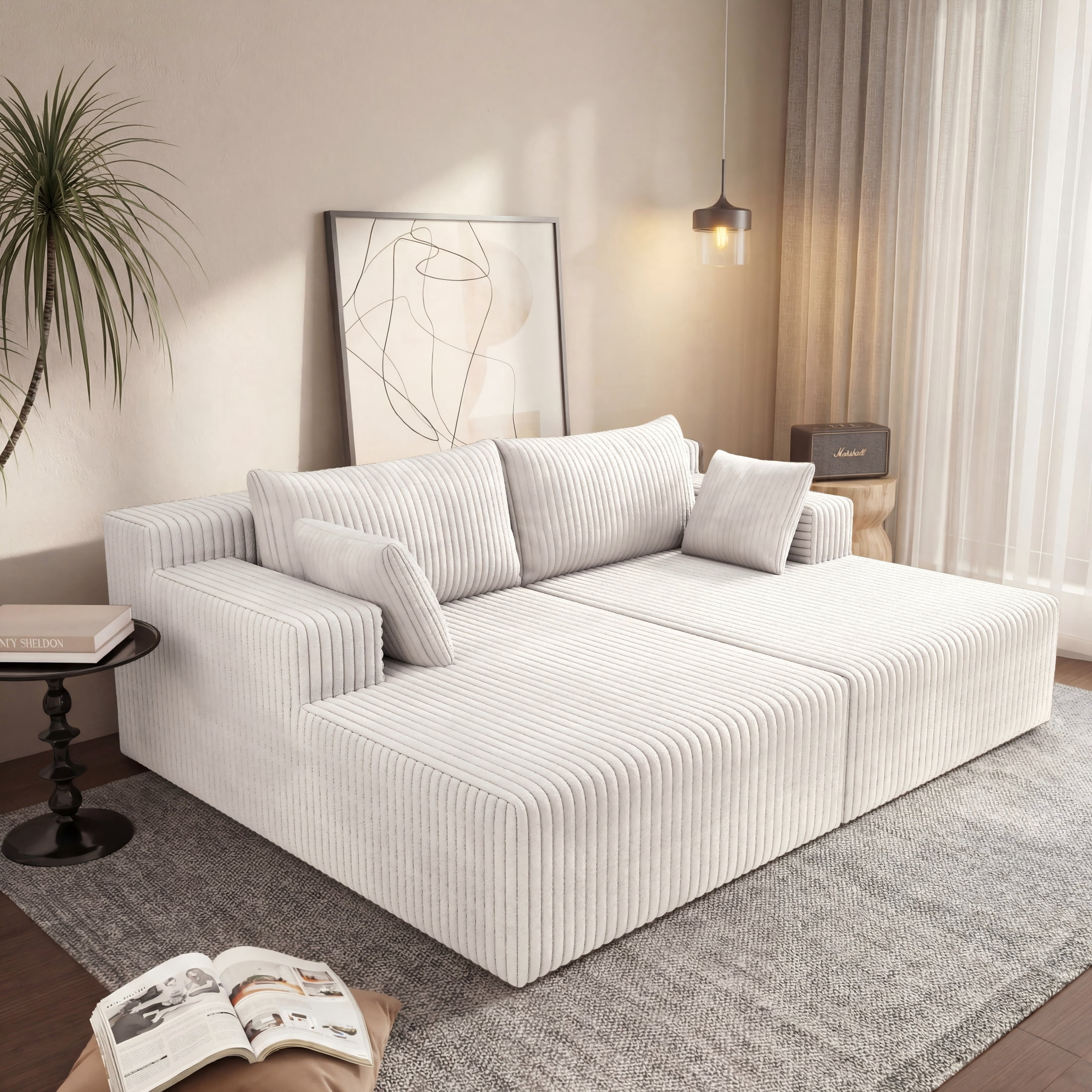 Aukfa 71" Oversized Double Chaise Lounge Indoor, Modular Boneless Cloud Couch Sleeper Loveseat, Deep Seat Corduroy Sofa Bed, No Assembly Required for Living Room Bedroom, Antique White