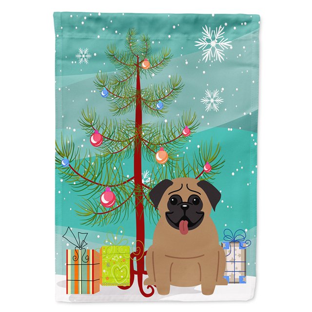 Bandera de casa de lona marrón grande Merry Christmas Tree Pug Caroline's Treasures