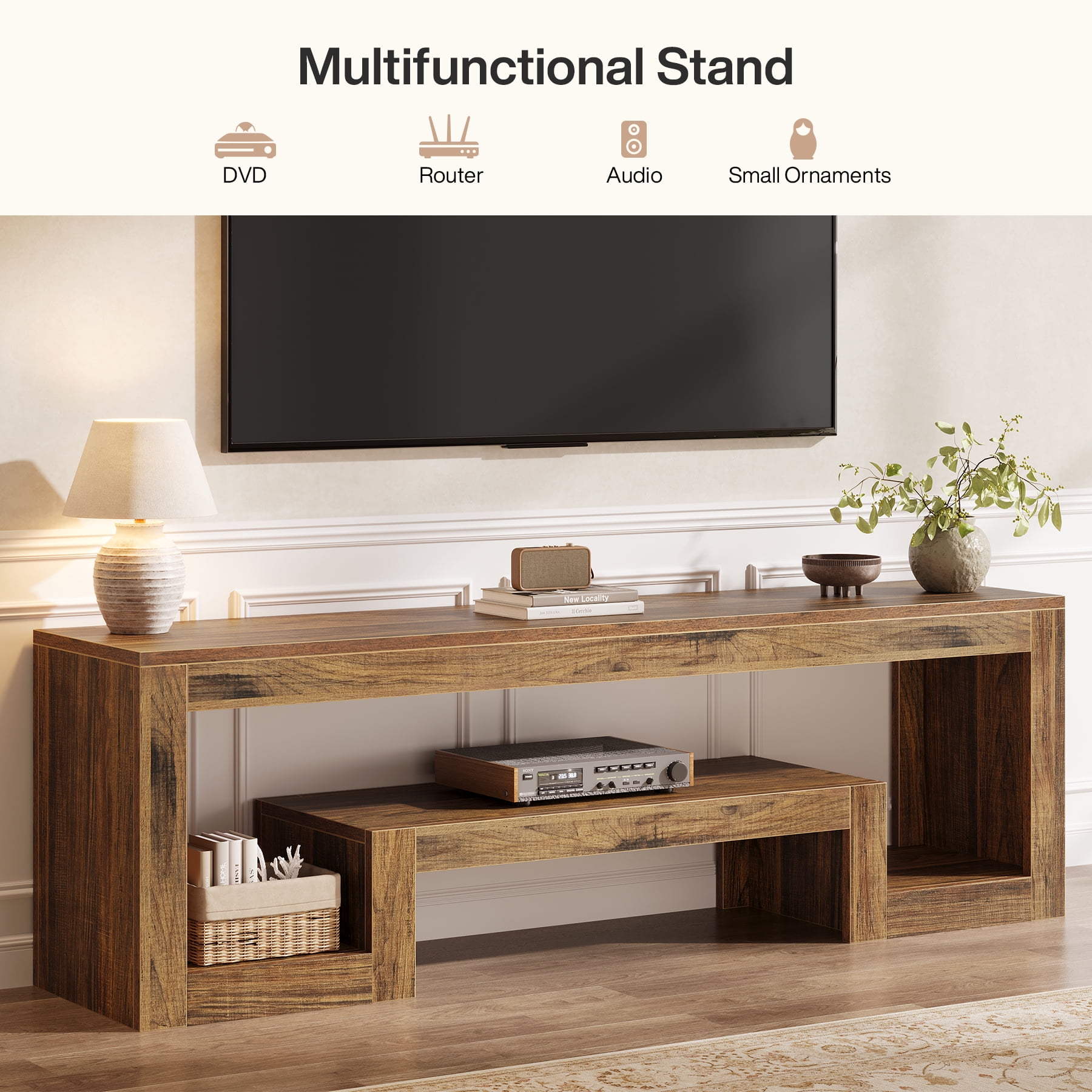 Tribesigns 63-Inch TV Stand for 55/60/65-Inch TVs, Farmhouse Entertainment Center with Open Storage Shelves, Rustic Brown Television Console for Living Room, Bedroom