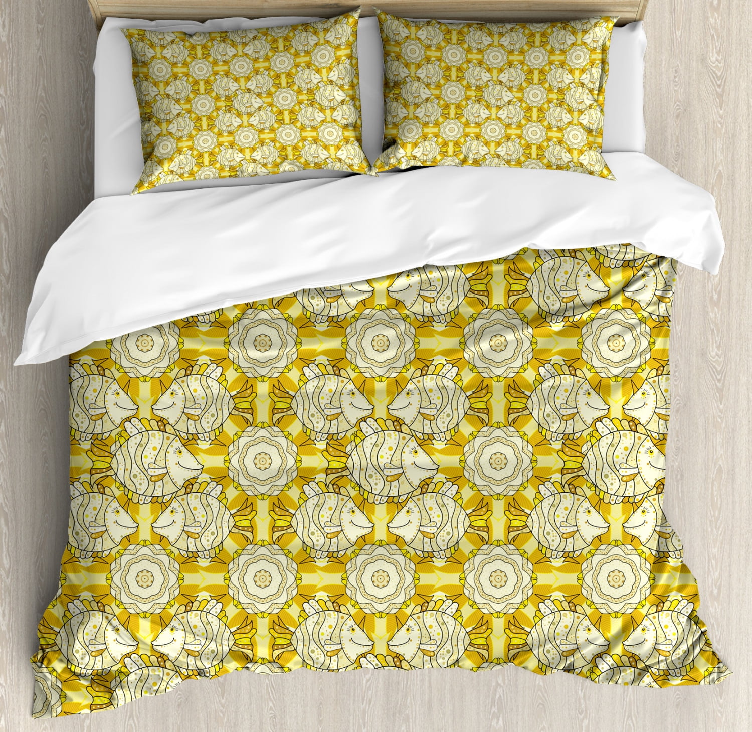 Yellow and White Queen Size Duvet Cover Set, Aquarium Fishes with