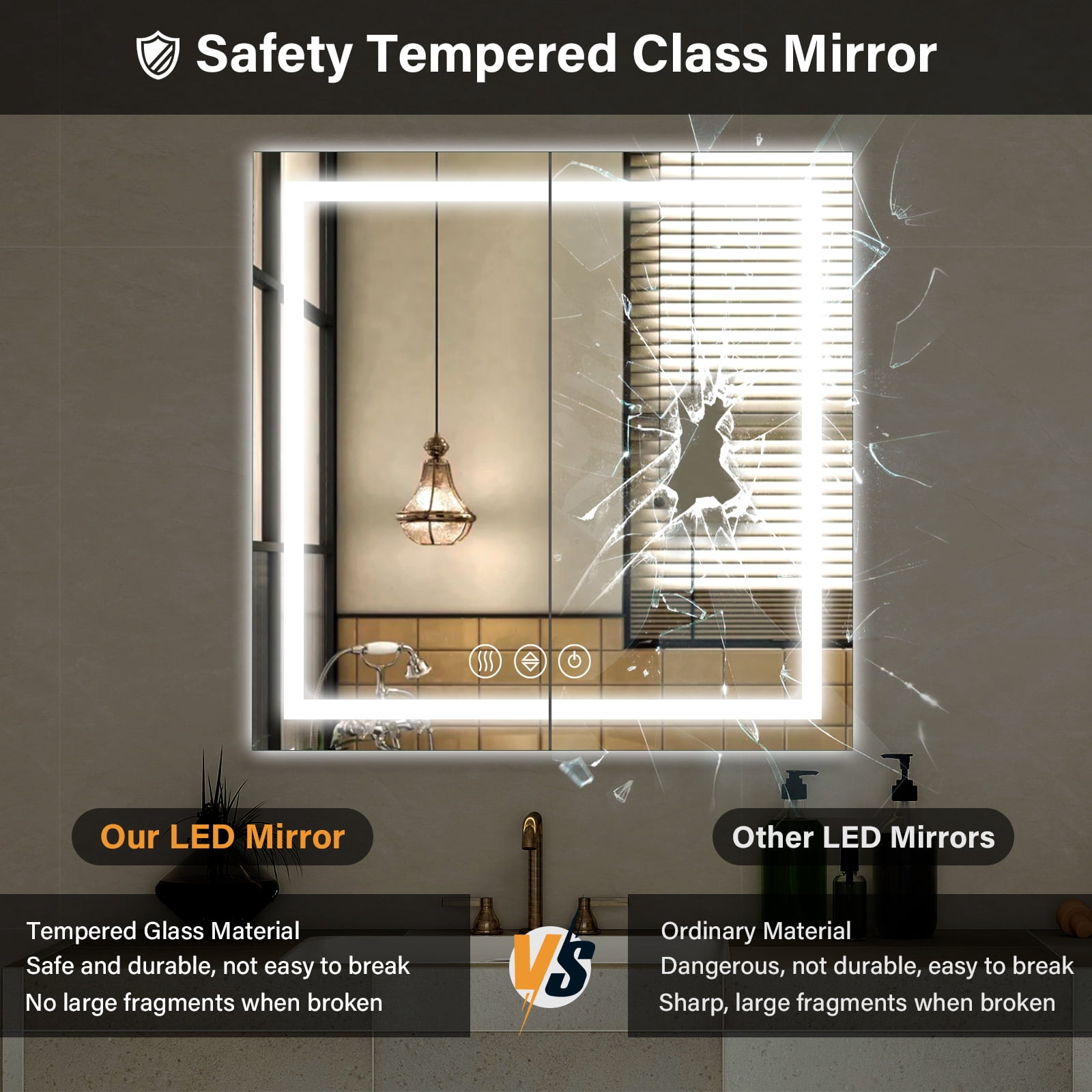 Mirrasia 40"x40" LED Bathroom Mirror Lighted Vanity Wall Mirror 3 Color Temperature Dimmable Mirror