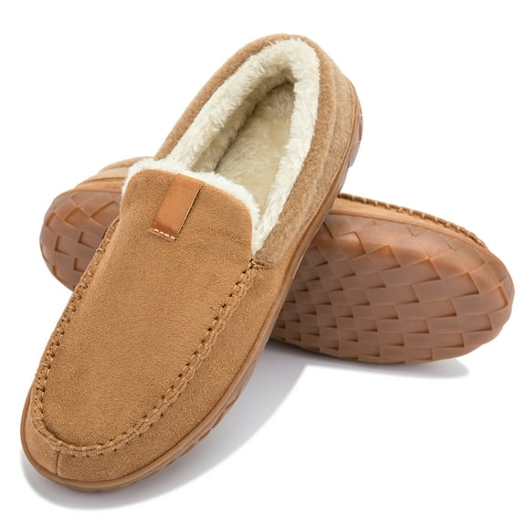 WOTTE Mens Slippers Cozy Fuzzy Plaid Moccian House Shoe with Memory Foam & Rubber Sole Slip on Indoor Outdoor, Brown Size 11