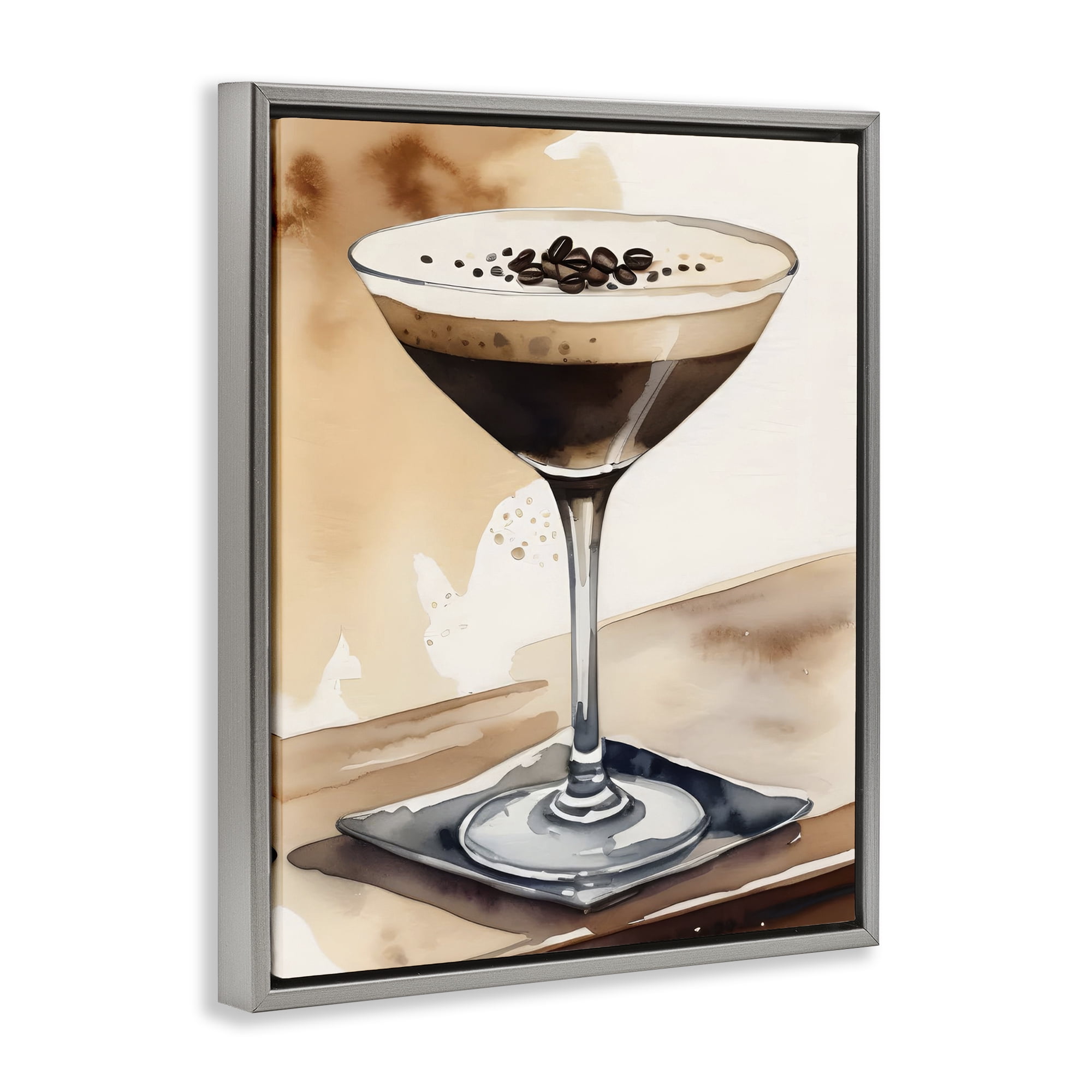 Stupell Industries Espresso Martini Watercolor Food & Beverage Painting Gray Floater Framed Canvas Art Print Wall Art, 25 x 31