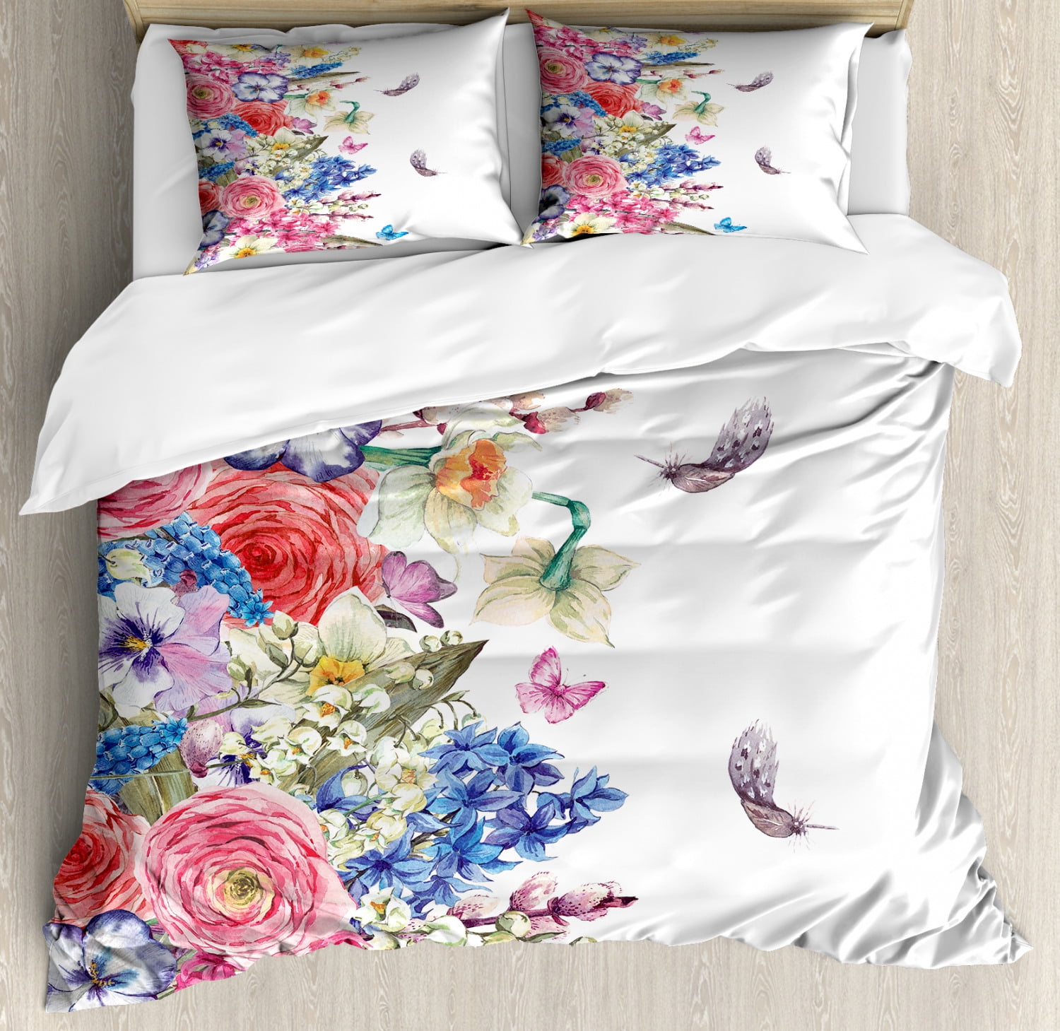 Flower Duvet Cover Set King Size, Vintage Vivid Wreath with Daffodils