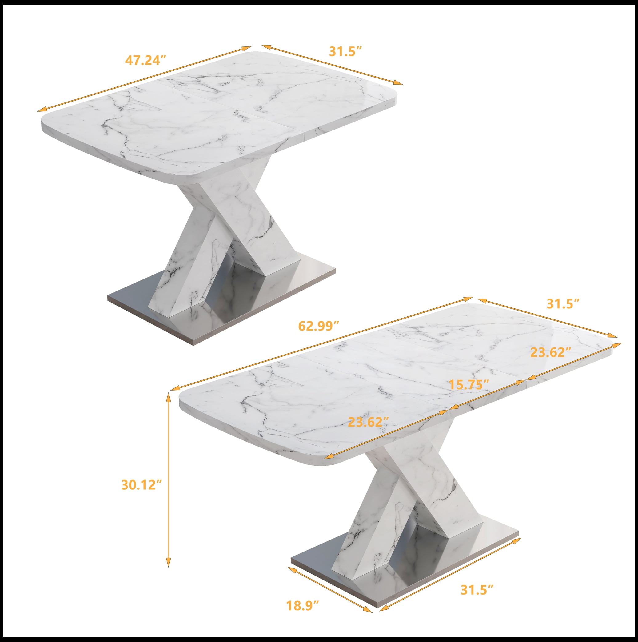 Modern Square Dining Table, Stretchable, with Printed White Marble Table Top+MDF X-Shape Table Leg with Metal Base