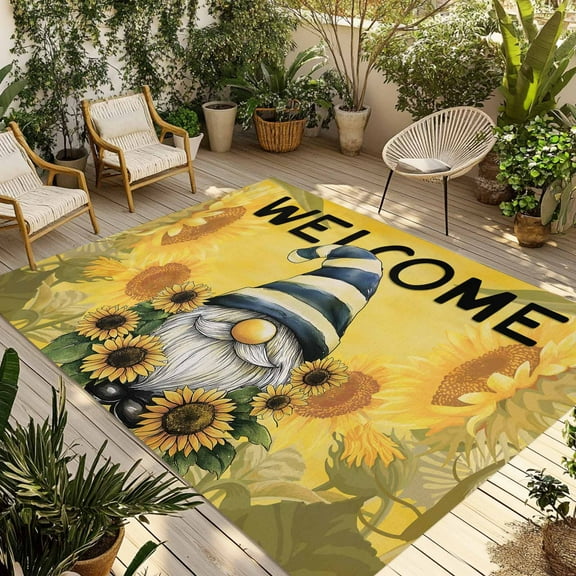 Fsddascl Sunflowers Gnomes Outdoor Rug for Patio/Deck/Porch, Non-Slip Large Area Rug 5 x 8 Ft, Summer Yellow Floral Leaf Plant Indoor Outdoor Rugs Washable Area Rugs, Reversible Camping Rug Carpet