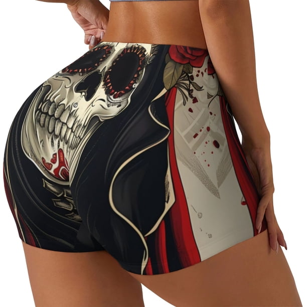 Fotbe Gothic Skull With Roses Shorts Sin Costuras – Shorts Deportivos de Cintura Alta para Mujer, Elásticos para Gimnasio, Yoga, Running o Ciclismo-Small