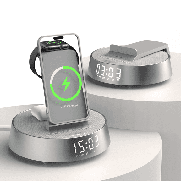 7-in-1 Wireless Charging Station Compatible with IPhone Apple Watch AirPods, Bluetooth Speaker, 2 Alarm Clocks & Dimmable Night Light, Grey