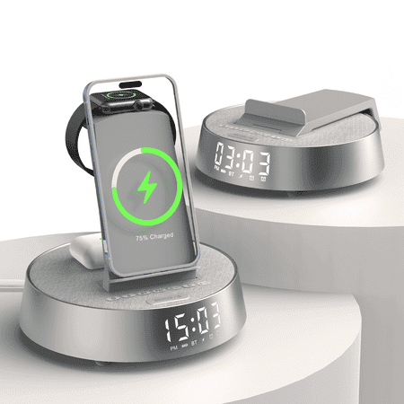 7-in-1 Wireless Charging Station Compatible with IPhone Apple Watch AirPods, Bluetooth Speaker, 2 Alarm Clocks & Dimmable Night Light, Grey