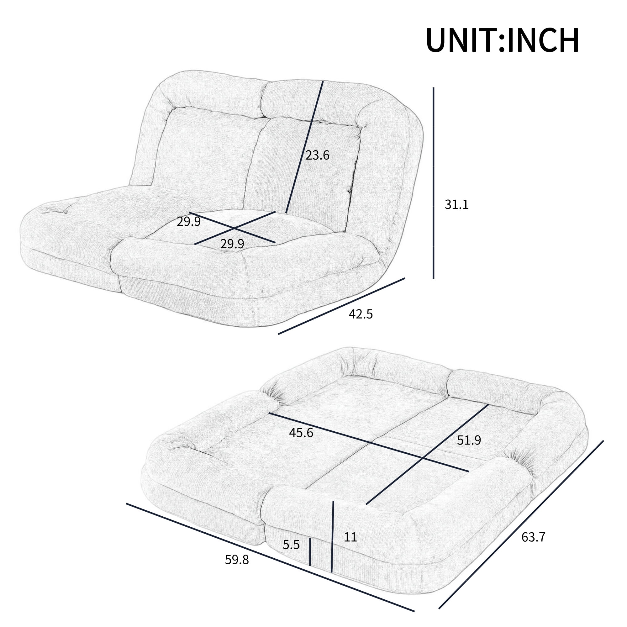 Convertible Fold-Out Sofa Bed, 18 Position Adjustable Double Sofa Bed, Folding Mattress Sofa with Thick Cushion for Living Room, Guest Room, Apartment, Gray