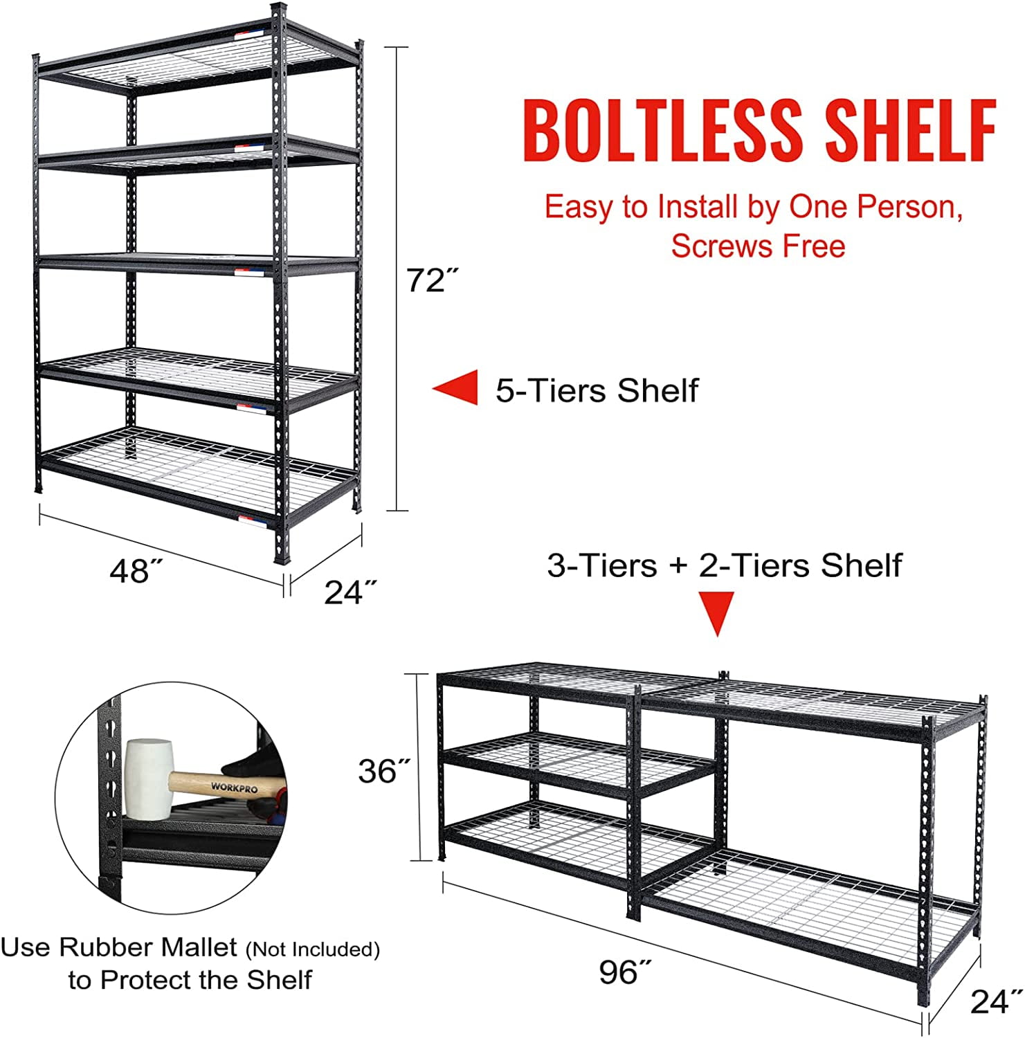 WORKPRO 5-Tier Metal Storage Shelving Unit, 48"W x 24"D x 72"H, 4000 lbs Load Capacity (Total), Black