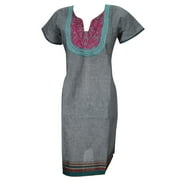 Mogul Indian Ethnic Long Tunic Dress Grey Floral Embroidered Cotton Kurti M
