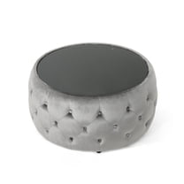 Benjara Pirana Ottoman Coffee Table- Gray Tuft Velvet- 30" Tempered Glass