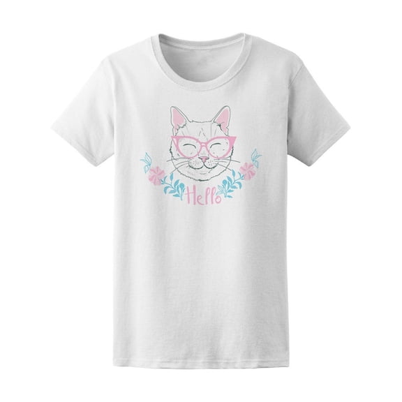 Cute Cat With Glasses Hello Tee Women's -Image by Shutterstock