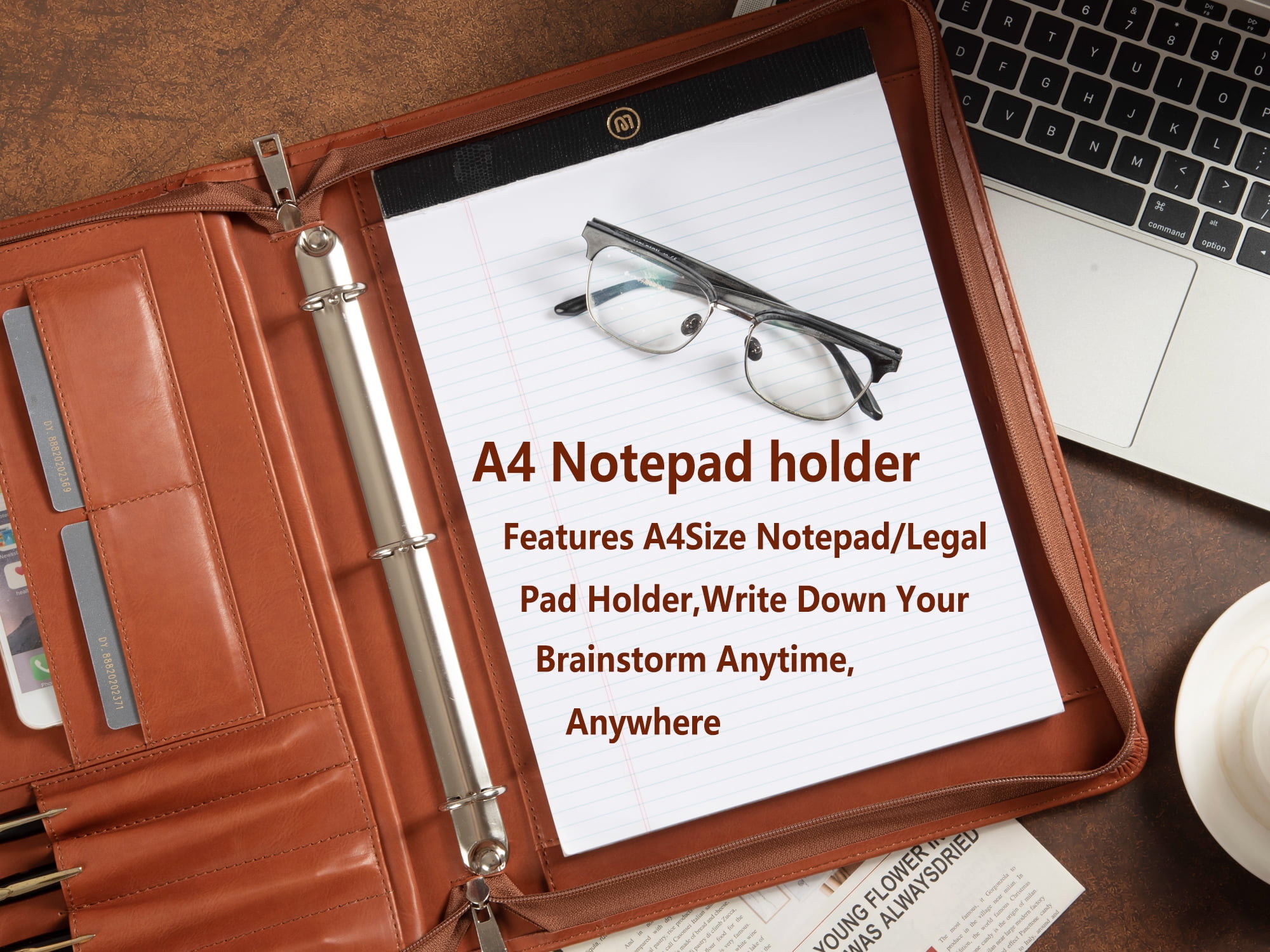 LeatherBelief Portfolio 3 Rings Binder,Zipper PU Leather Padfolio, Business Organizers with A4 Legal Pads, Gift for Him, Brown