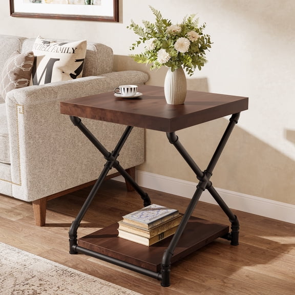 Finmind Solid Wood End Side Table with Storage Space for Living Room, Small Wood Nightstand for Bedroom, Brown