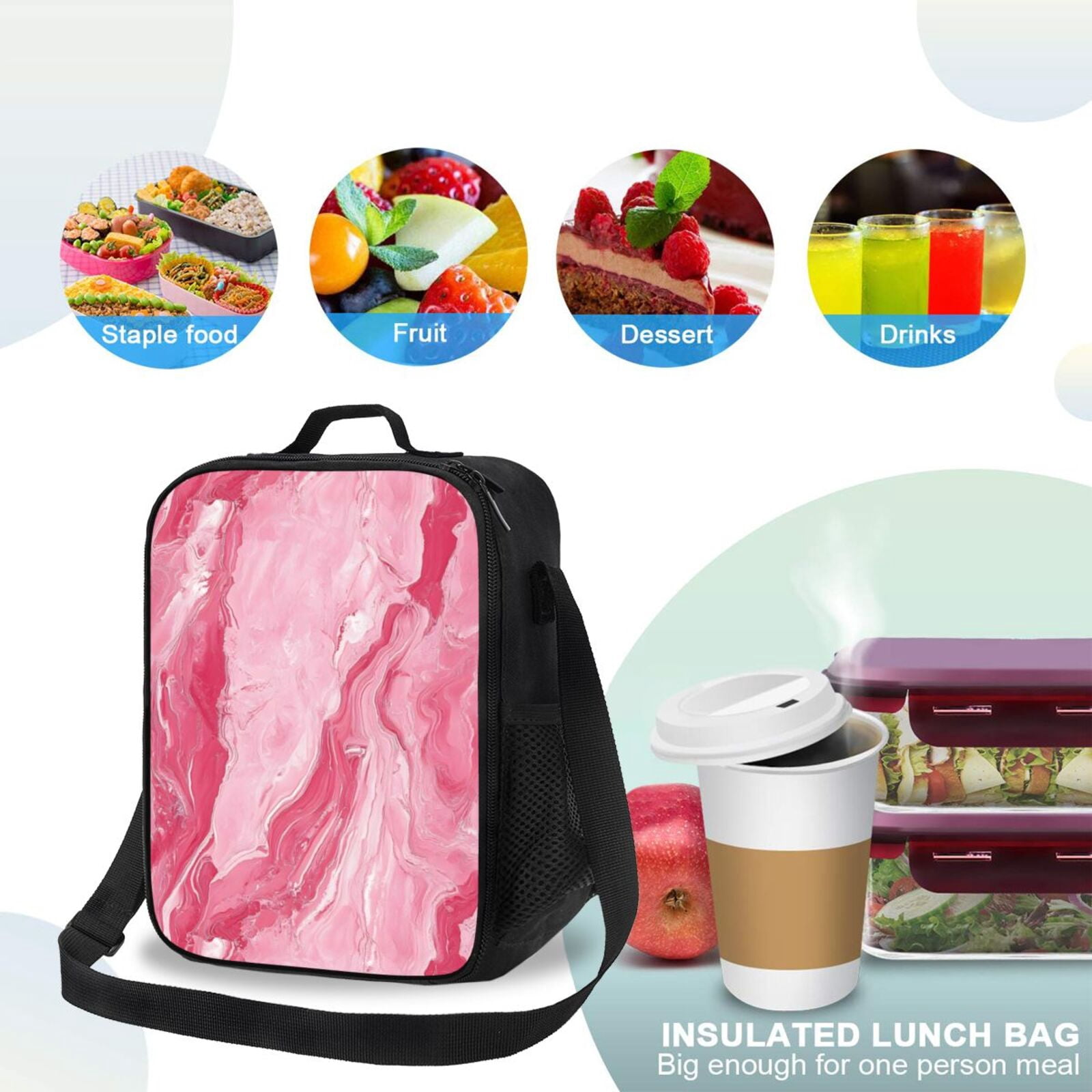 Thermal Insulation One Shoulder Portable Bento Bag Can Be Reused 8×10.5in For Carrying Drinks Bento Box Fruit Snacks Pink Marble_21256_4