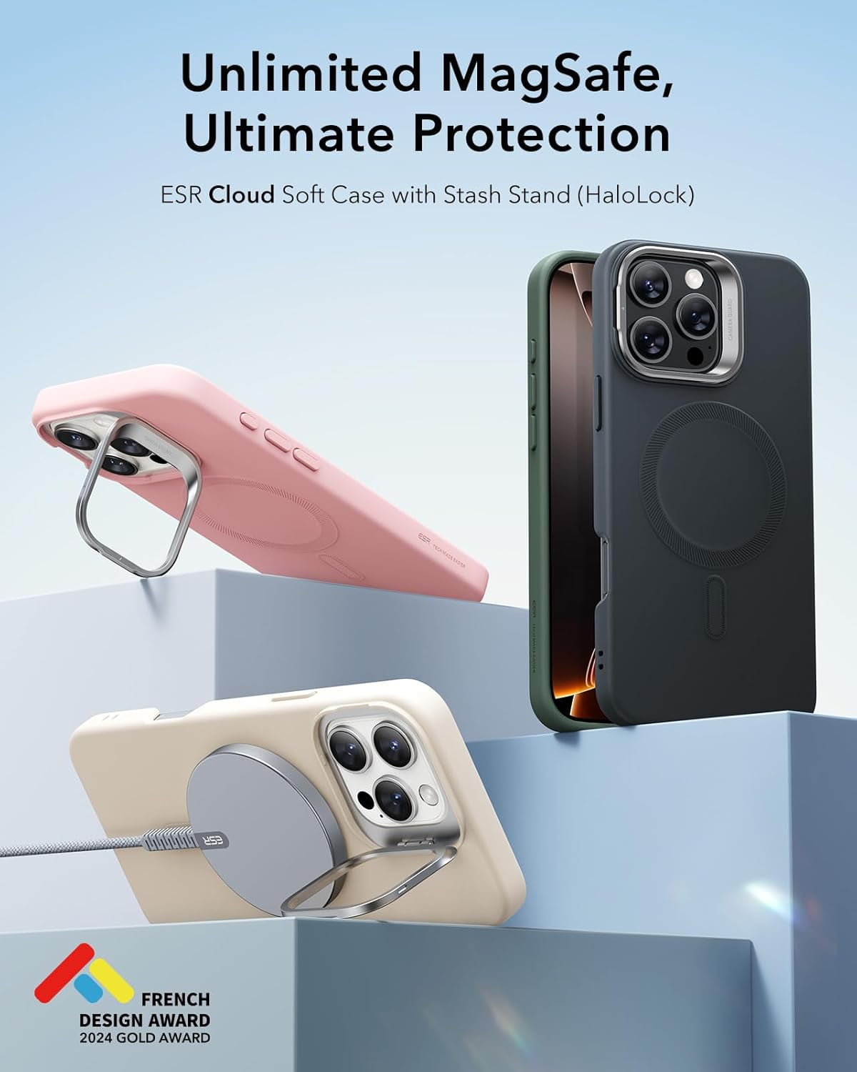 RGHJAR-ESR for iPhone 16 Pro Max Case, Silicone Case with Stand, Compatible with MagSafe, Built-in Camera Stash Stand, Magnetic Phone Case for iPhone 16 Pro Max, Cloud Series, Black
