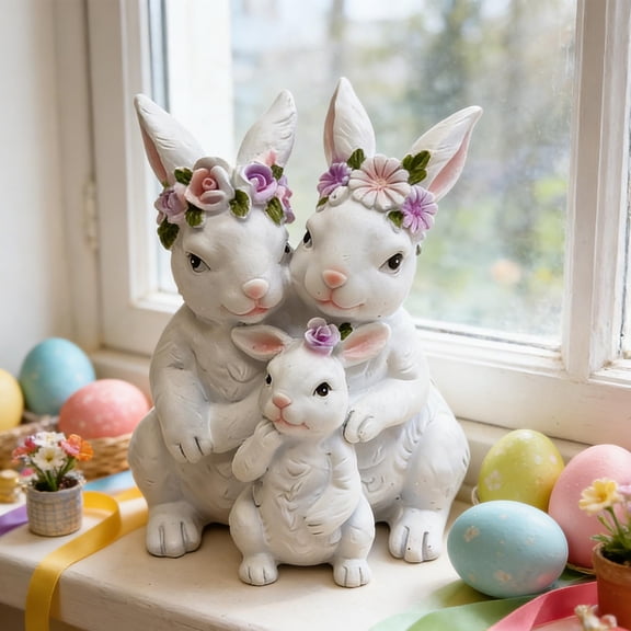 Japceit Resin Easter Bunny Figurine Decor, Cute Rabbit Statue for Home Tabletop, Spring Holiday Ornament for Living Room, Bedroom, Shelf, Mantel, Farmhouse Style White Finish